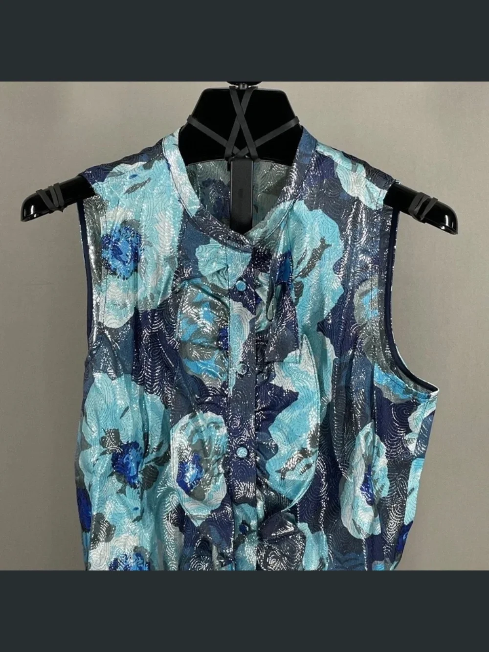 NEW J Crew Shirt Womens XS blue black silver floral ruffle button up blouse